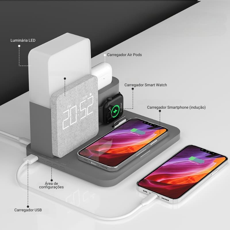 Carregador por Indução Luminária de Mesa e Despertador Homedec