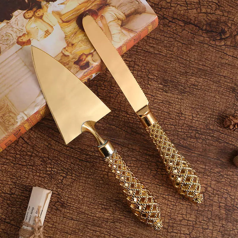 Conjunto Espátula para Bolo e Faca Dourada Homedec