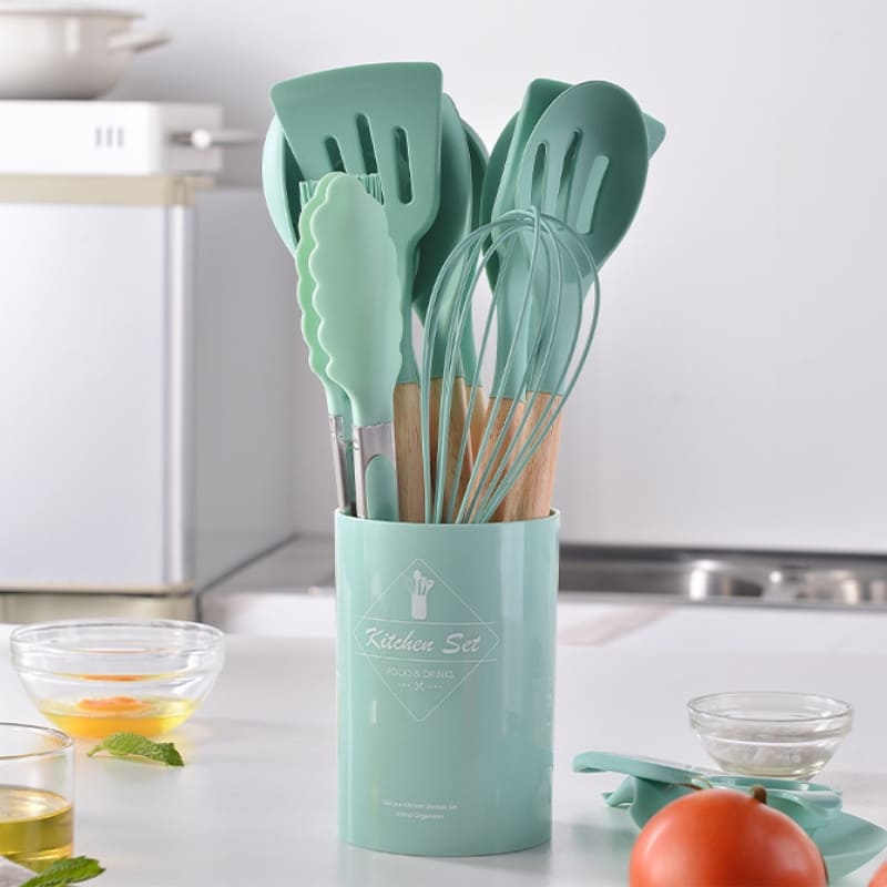 Kit Utensílios de Cozinha 14 Peças Silicone Com Organizador Homedec