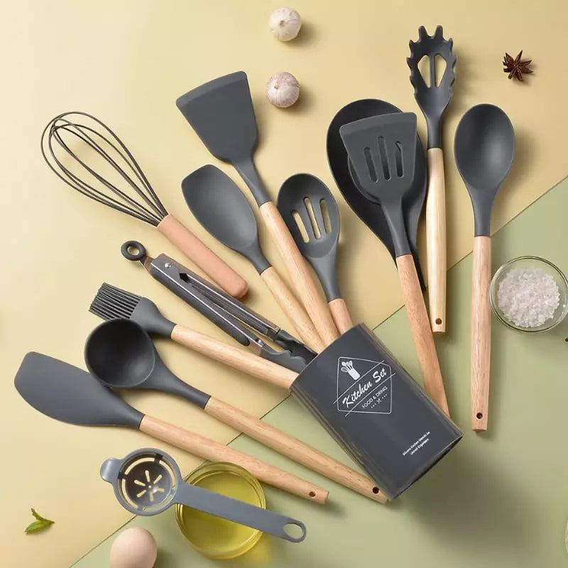 Kit Utensílios de Cozinha 14 Peças Silicone Com Organizador Homedec