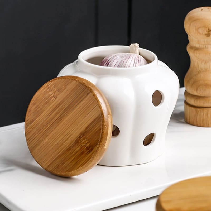 Pote de Cerâmica com Tampa de Madeira Decorativo Homedec