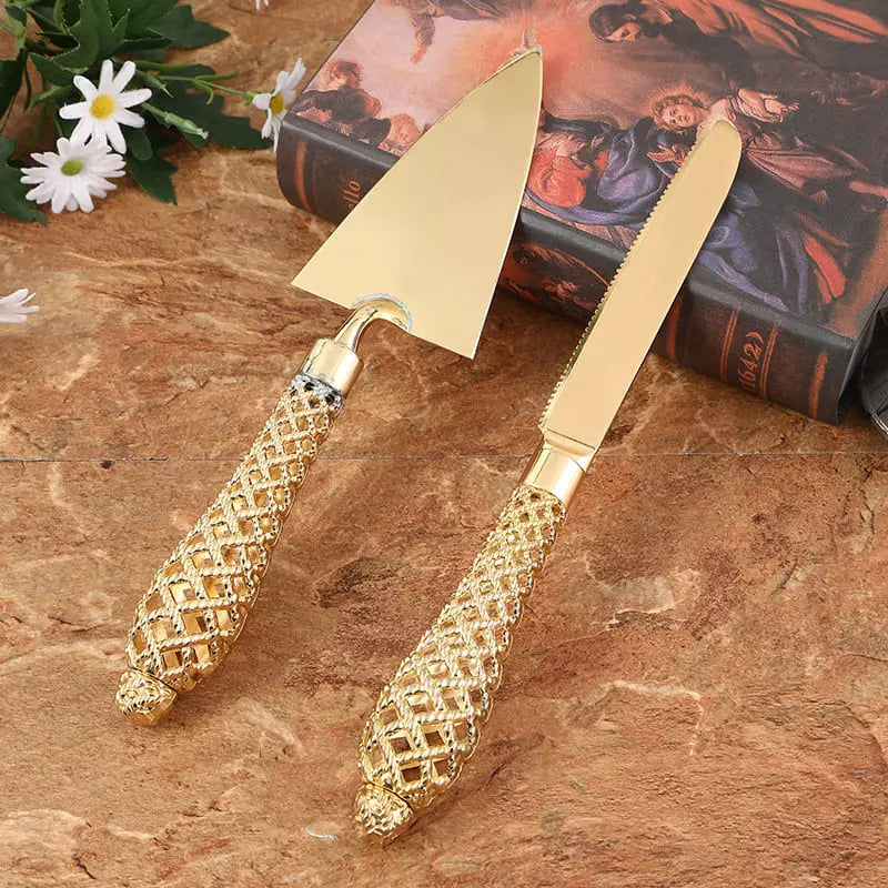 Conjunto Espátula para Bolo e Faca Dourada Homedec