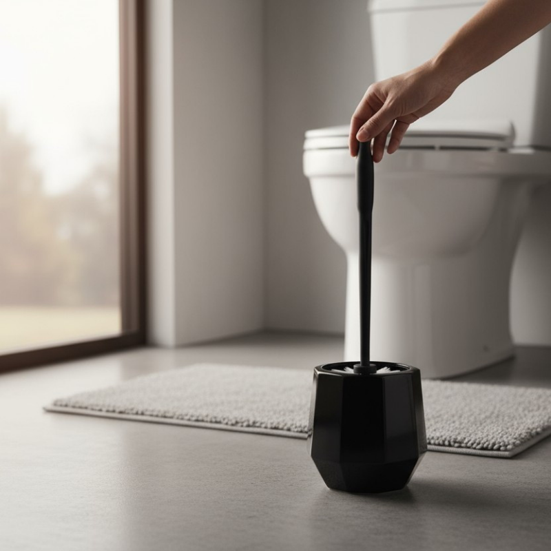 escova sanitária moderna na cor preta ao lado do baso sanitário e tapete