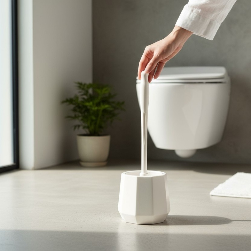 escova sanitária moderna na cor branca no lavabo e ao lado do tapete