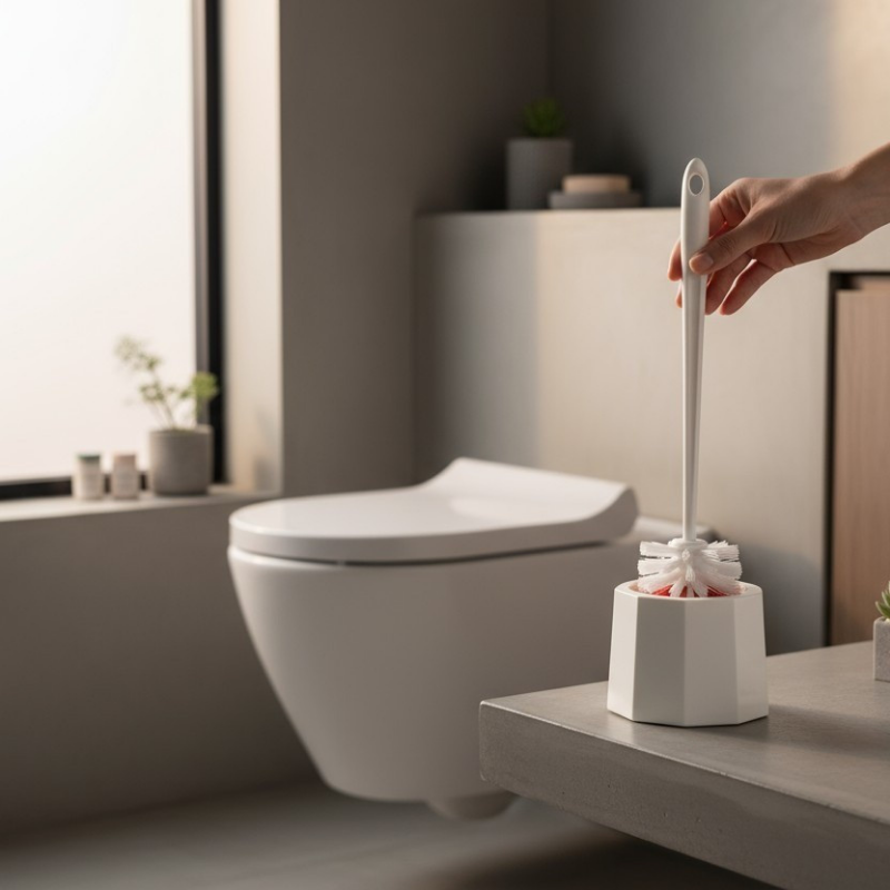 escova sanitária moderna na cor branca ao lado do vaso sanitário e sobre a pia