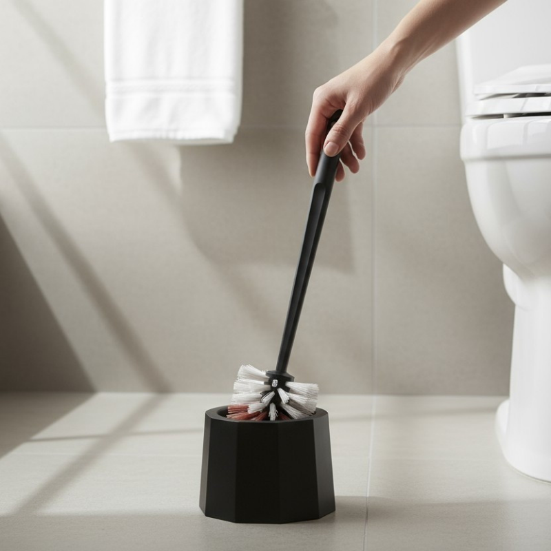 escova sanitária moderna na cor preta sendo retirada a escova da base