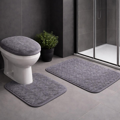 jogo de tapete antiderrapante para banheiro 3 peças na cor cinza material poliéster