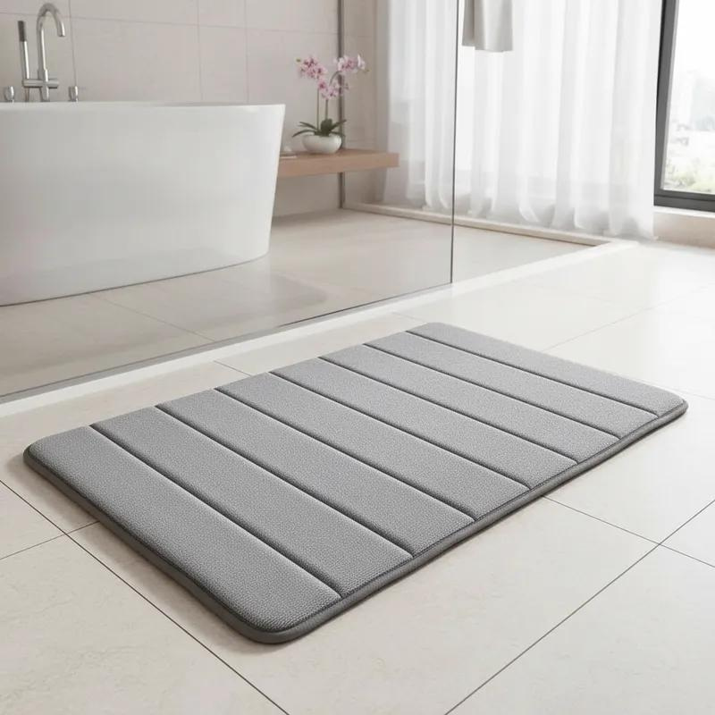 tapete de banheiro soft super absorvente cor cinza ao lado do box do banheiro