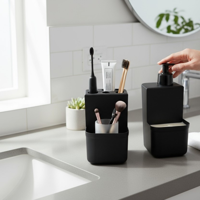 kit de banheiro na cor preta sobre a bancada e sendo utilizado por uma mulher