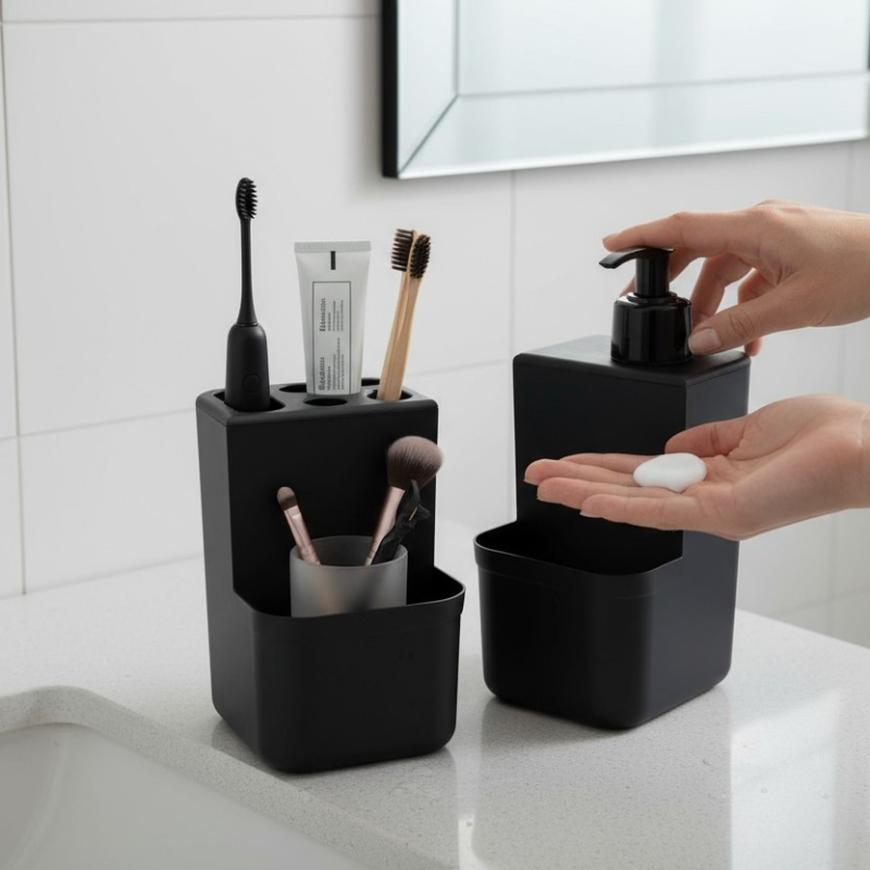 Kit de banheiro na cor preta sendo utilizado o dispenser de sabonete líquido por uma mulher