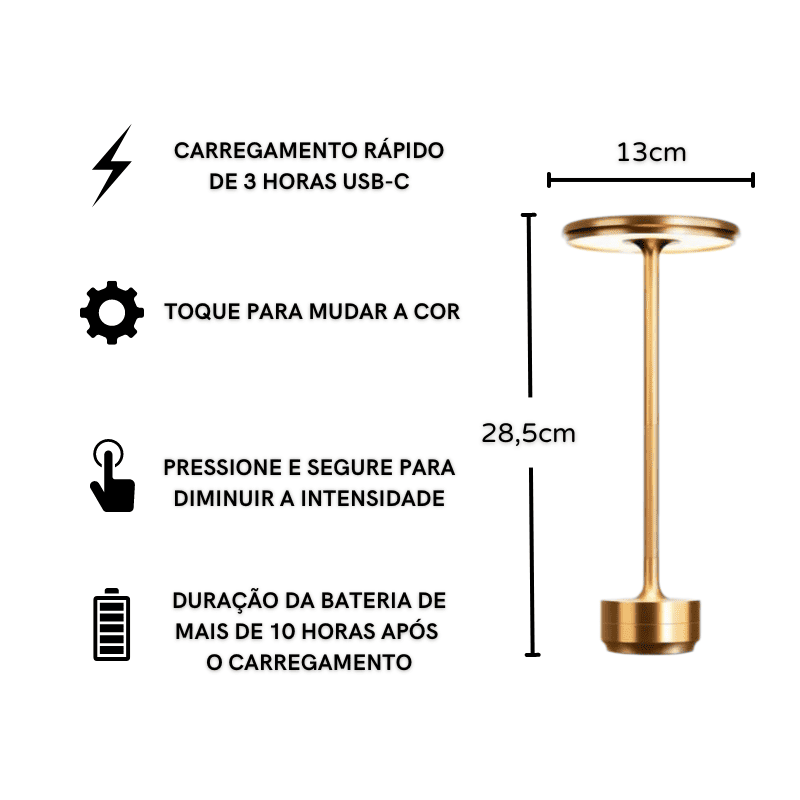 Luminária de Mesa LED Sem Fio Metal Recarregável Homedec