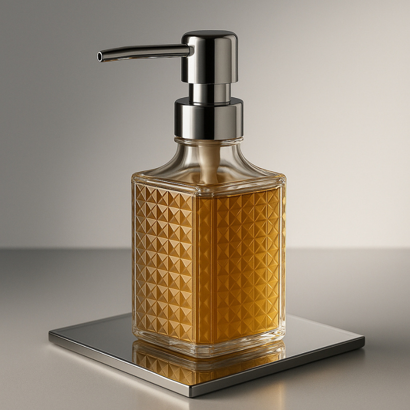 porta sabonete liquido de luxo transparente com liquido alaranjado