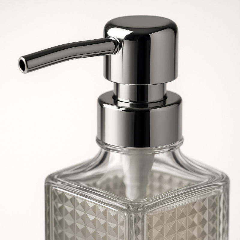 porta sabonete liquido de luxo transparente foco no bico que ejeta o sabonete