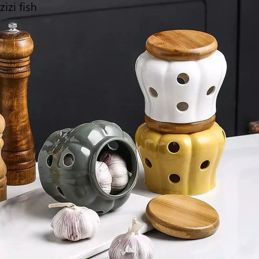 Pote de Cerâmica com Tampa de Madeira Decorativo Homedec