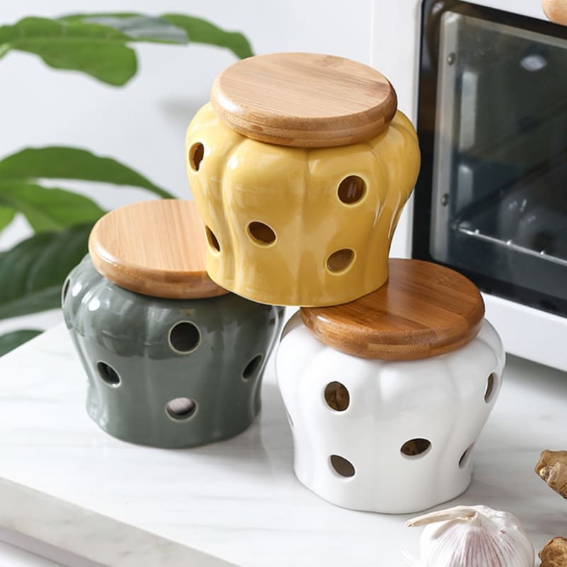 Pote de Cerâmica com Tampa de Madeira Decorativo Homedec