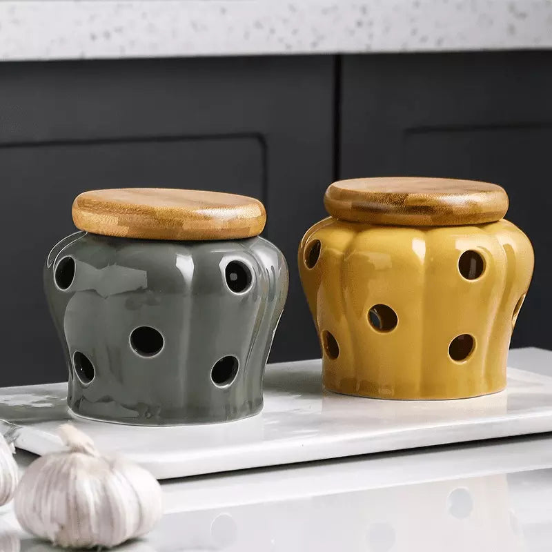 Pote de Cerâmica com Tampa de Madeira Decorativo Homedec