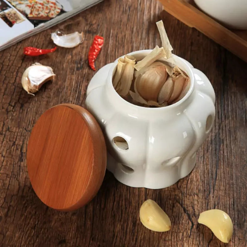 Pote de Cerâmica com Tampa de Madeira Decorativo Homedec