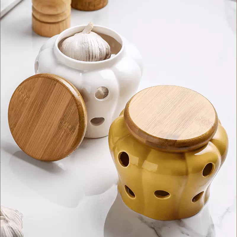 Pote de Cerâmica com Tampa de Madeira Decorativo Homedec
