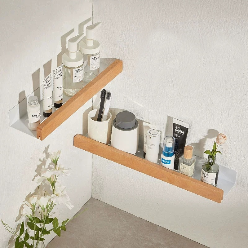 prateleira de banheiro branco de metal e madeira excelente para organizar acessórios de banheiro