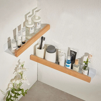 prateleira de banheiro branco de metal e madeira excelente para organizar acessórios de banheiro
