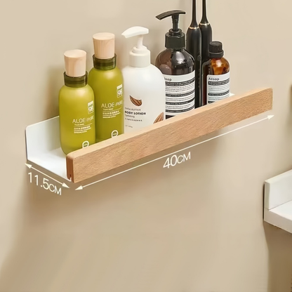 dimensão da prateleira de banheiro branco de metal e madeira