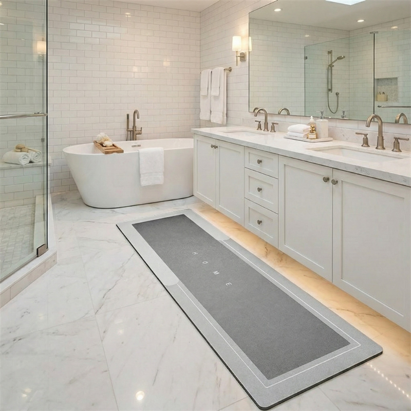 tapete de banheiro super absorvente cor cinza ao lado da pia de banheiro e banheira